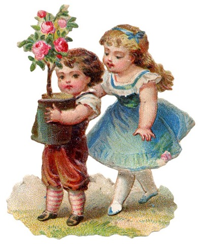 free-vintage-clip-art-mothers-day-litle-boy-and-girl-with-pink-rose-bush1
