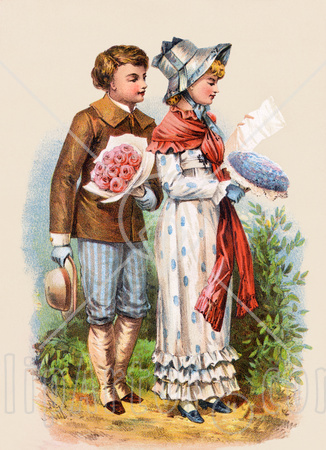 9644-Clipart-Illustration-Of-A-Vintage-Victorian-Scene-Of-A-Boy-Carrying-Flowers-And-Walking-Behind-A-Girl-As-She-Reads-A-Love-Letter-Circa-1886