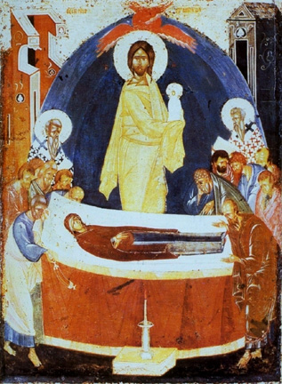 Η κοίμηση της Θεοτόκου. Ρωσική εικόνα του Θεοφάνη του Έλληνα (14ος  αιώνας).