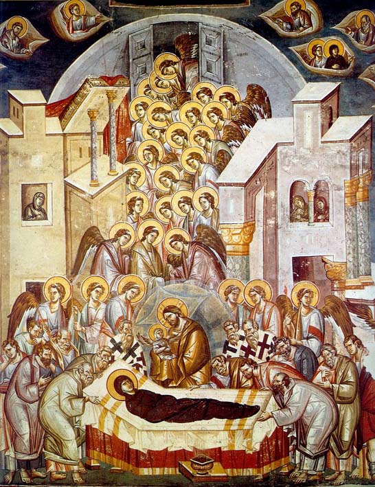 Η κοίμηση της Θεοτόκου. Τοιχογραφία των Μιχαήλ Αστραπά και Ευτύχιου στον Άγιο Κλήμεντα της Αχρίδας.