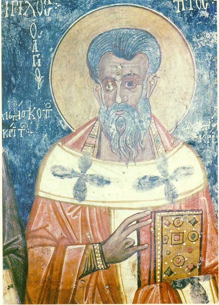 ;Aγιος Τίτος, Πρώτος Αρχιεπίσκοπος Κρήτης. Τοιχογραφία του 1327 από παλιά Εκκλησία της Κρήτης.